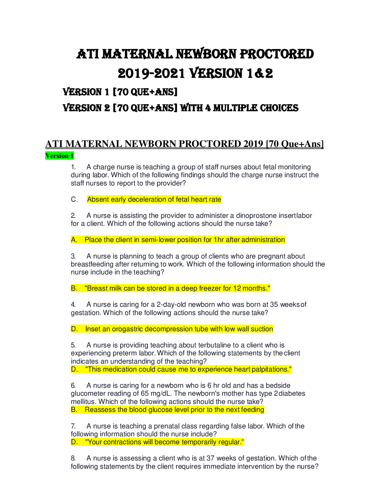 Preview image of ATI MATERNAL NEWBORN PROCTORED 2019 Version 1&2 document